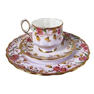 Vintage 50's Rosina Bone China England Floral Pink Blue Teacup Saucer Plate Trio